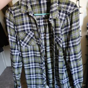 Falls Creek Olive and Navy Plaid Button-Up Shirt